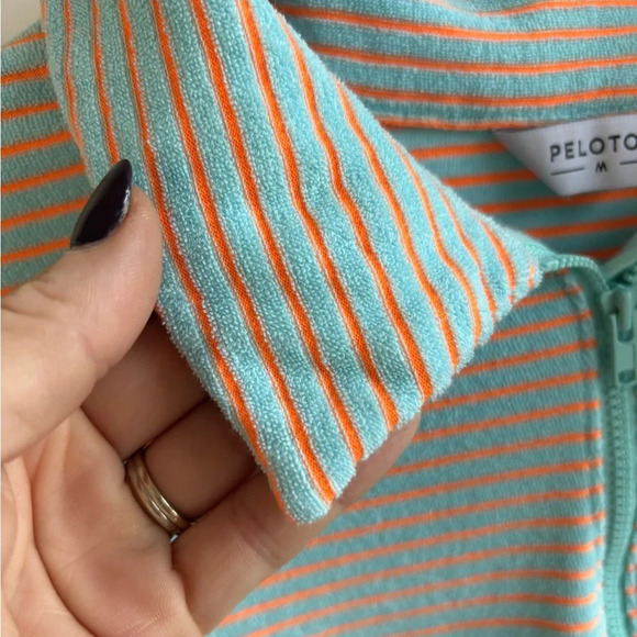 Peloton Turquoise and Orange Striped Terry Cloth 1/2 Zip - Picture 2 of 5